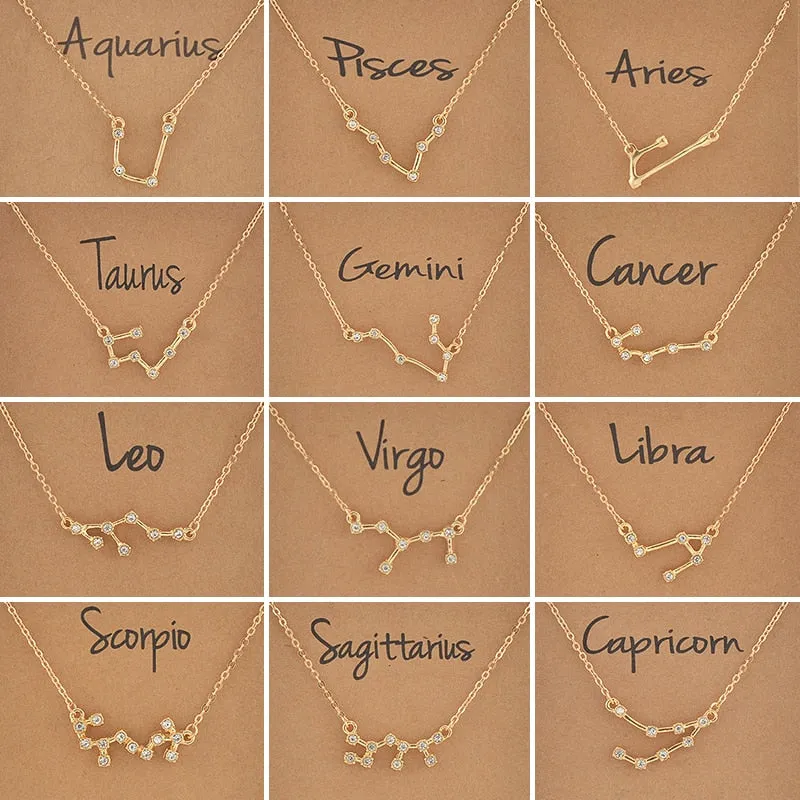 Cardboard Star Zodiac Sign 12 Constellation Necklaces Crystal Charm Chain Choker Necklace for Women Birthday Jewelry Gift