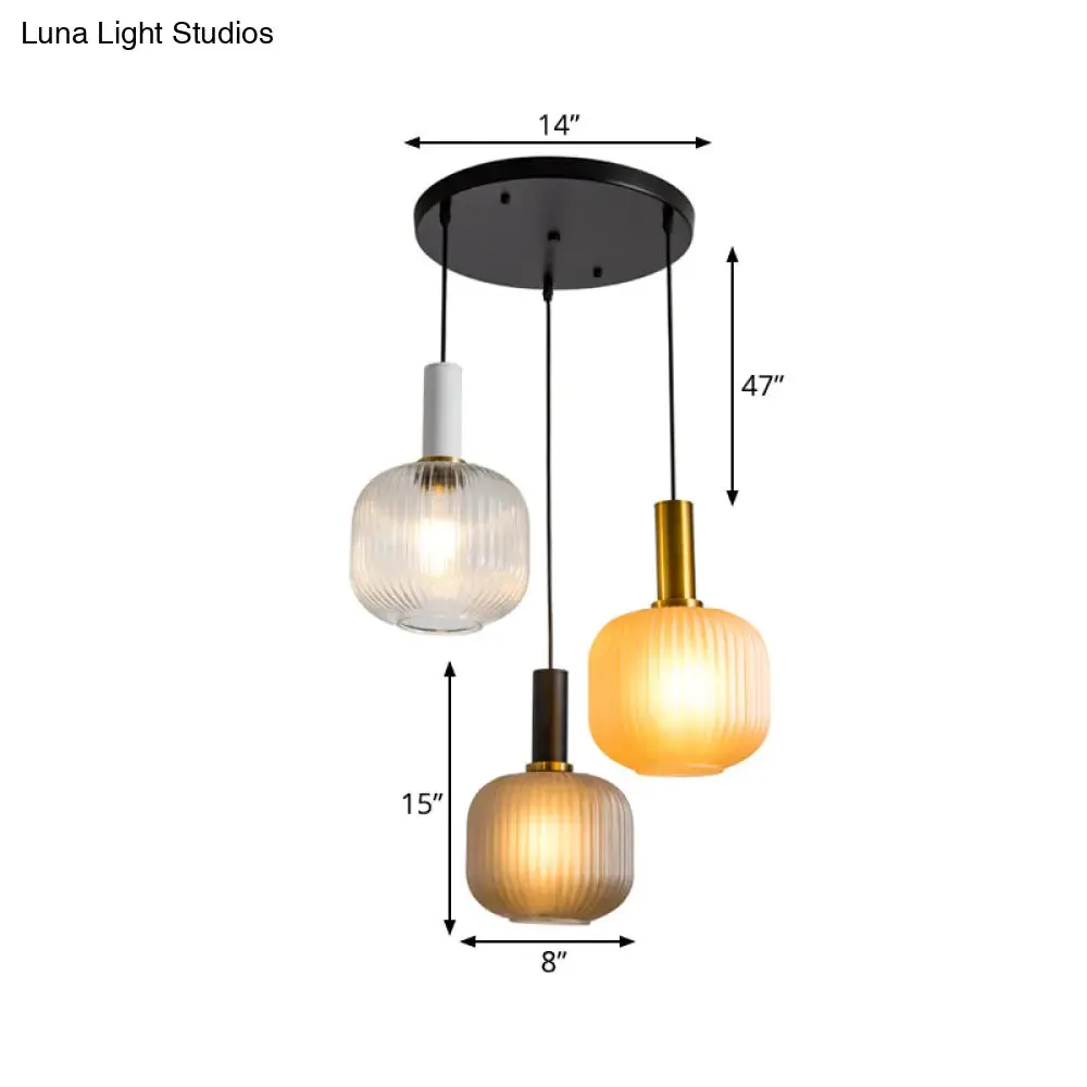 Contemporary Ribbed Glass Cluster Pendant with 3 Gold Lights - Stylish Suspended Lighting