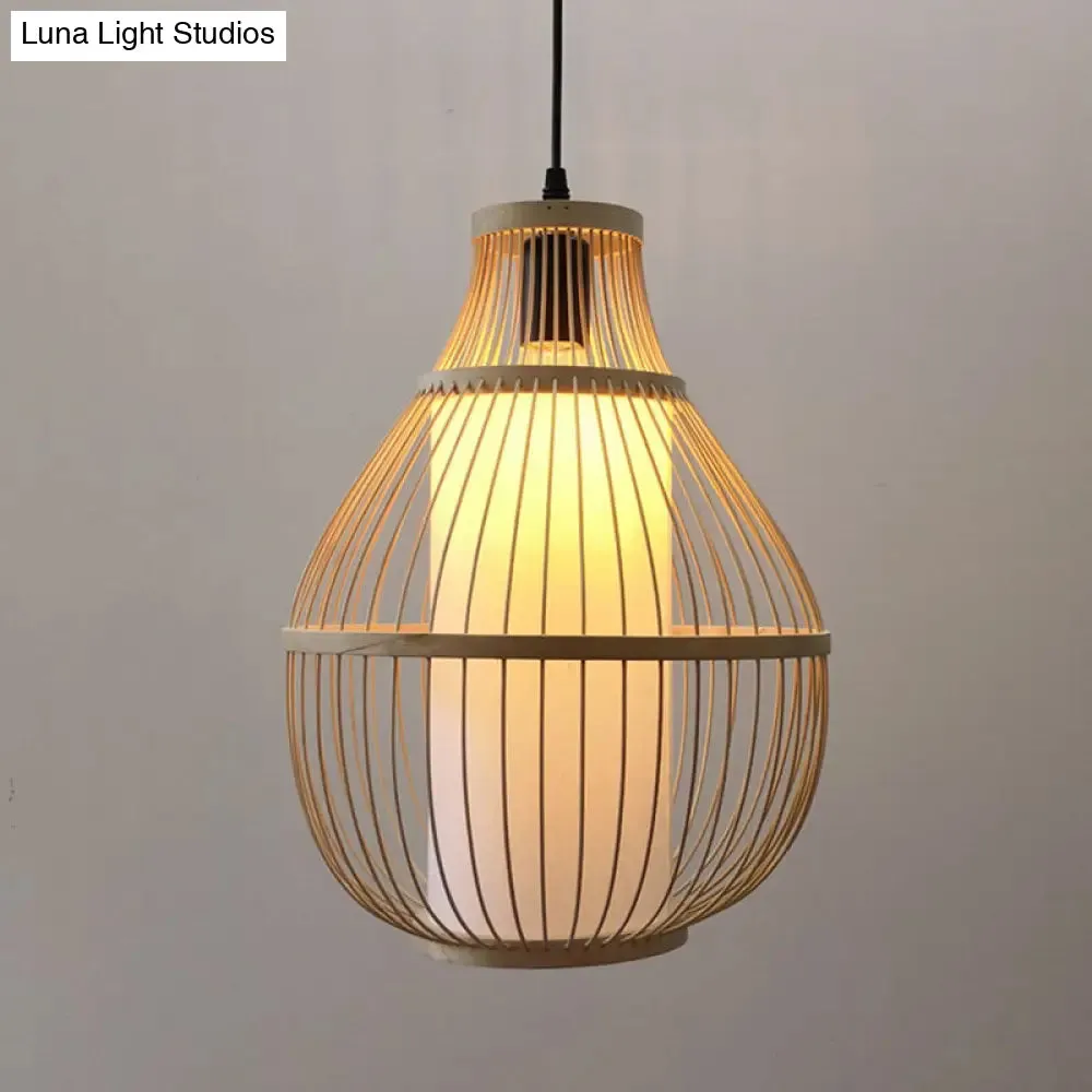 Contemporary Teardrop Bamboo Pendant Light for Dining Room - 1-Head Beige Ceiling Hang