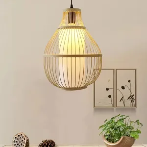 Contemporary Teardrop Bamboo Pendant Light for Dining Room - 1-Head Beige Ceiling Hang