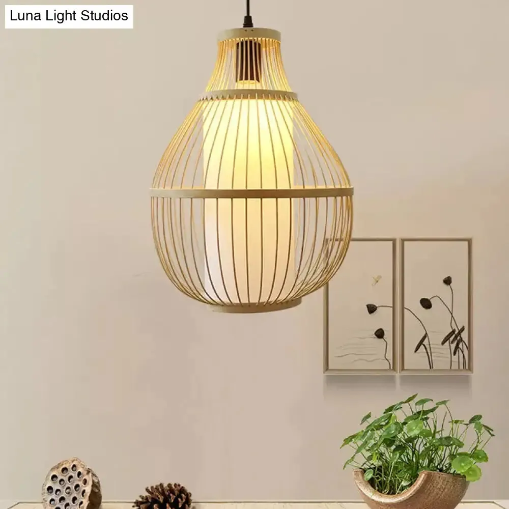 Contemporary Teardrop Bamboo Pendant Light for Dining Room - 1-Head Beige Ceiling Hang