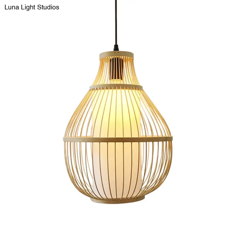 Contemporary Teardrop Bamboo Pendant Light for Dining Room - 1-Head Beige Ceiling Hang