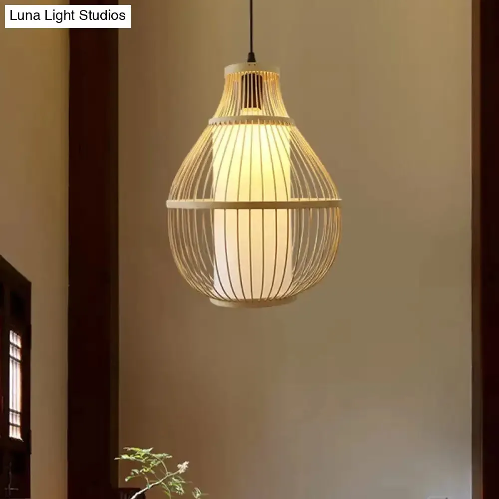 Contemporary Teardrop Bamboo Pendant Light for Dining Room - 1-Head Beige Ceiling Hang