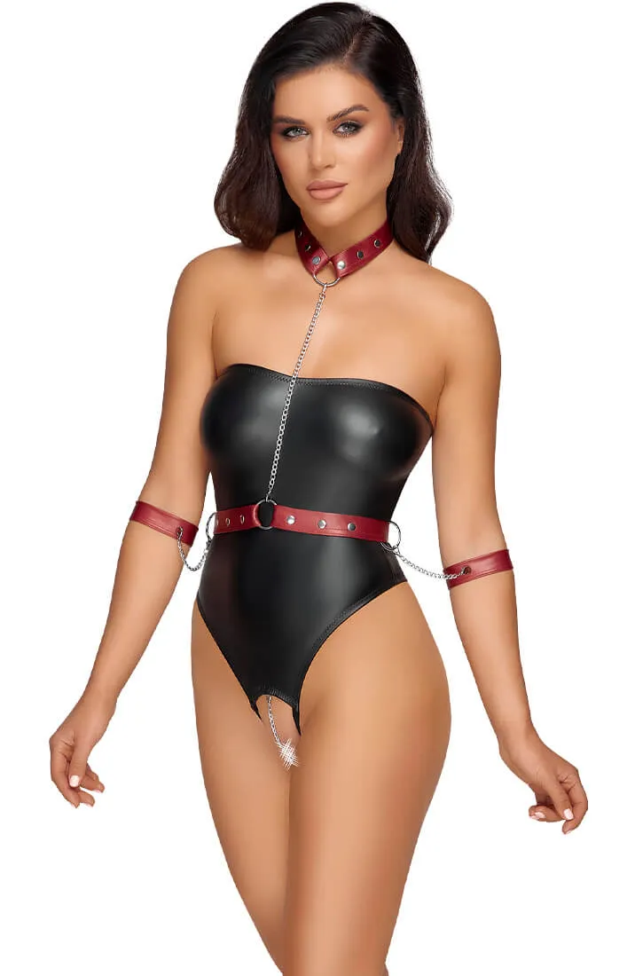 Crotchless bodysuit with restraints & chain - Hooked on You