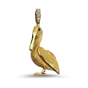 Estate 14k Yellow Gold Diamond & Emerald Pelican Brooch