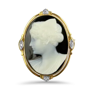 Estate Victorian 14K Yellow Gold Cameo & Diamond Brooch