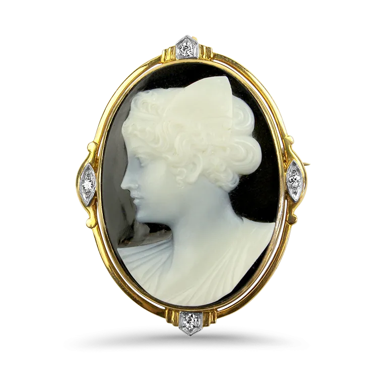 Estate Victorian 14K Yellow Gold Cameo & Diamond Brooch