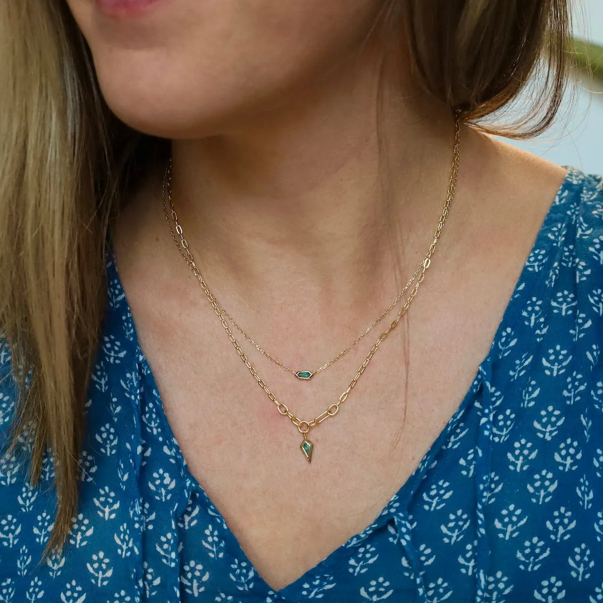 Gold Teal Sparkle Emblem Chain Necklace