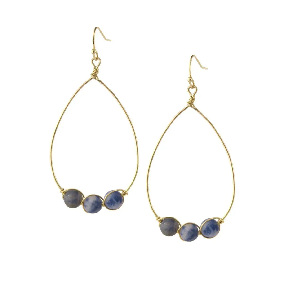 Gold Tone Teardrop Wire Hoop Earrings Blue