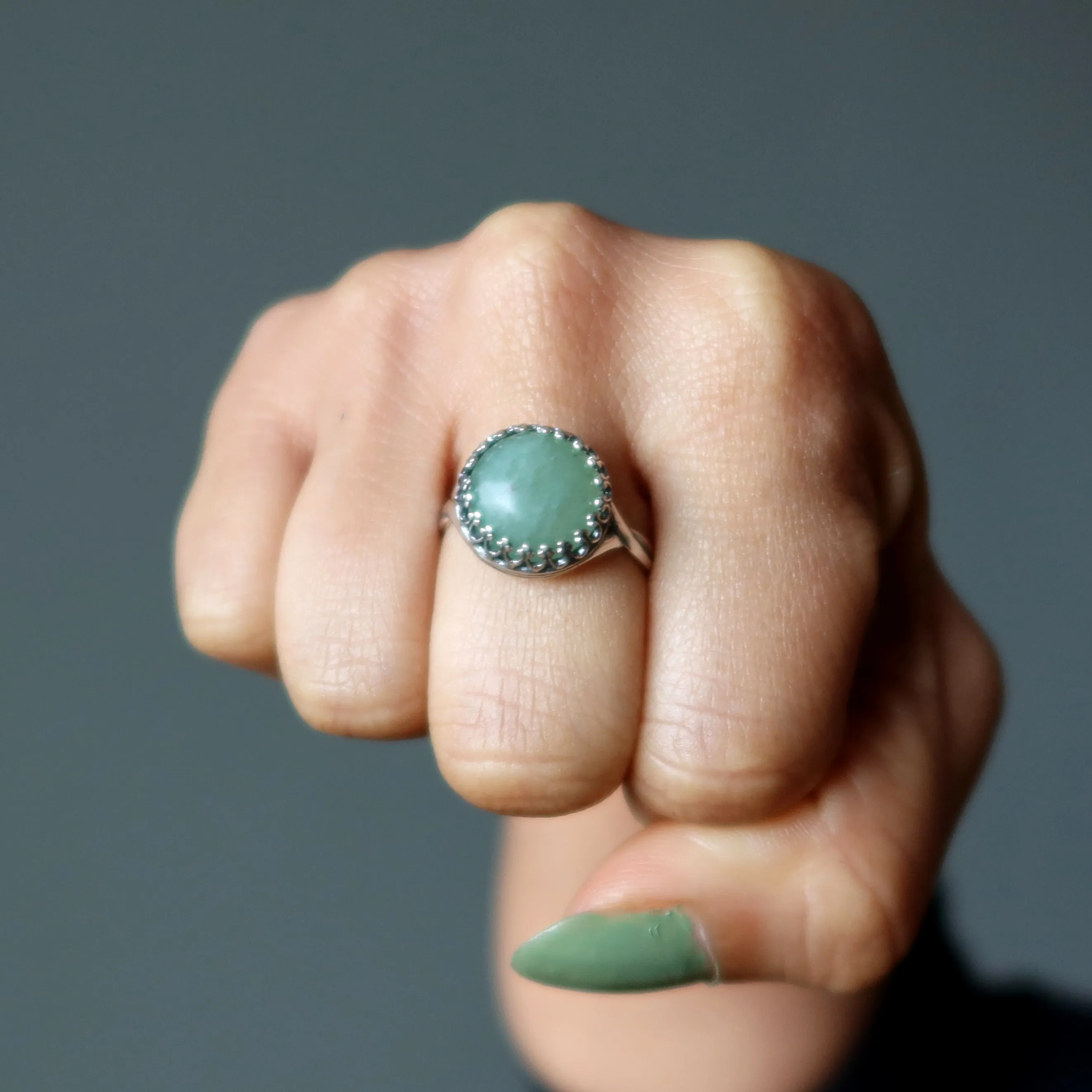 Green Aventurine Ring Money Sterling Silver Adjustable