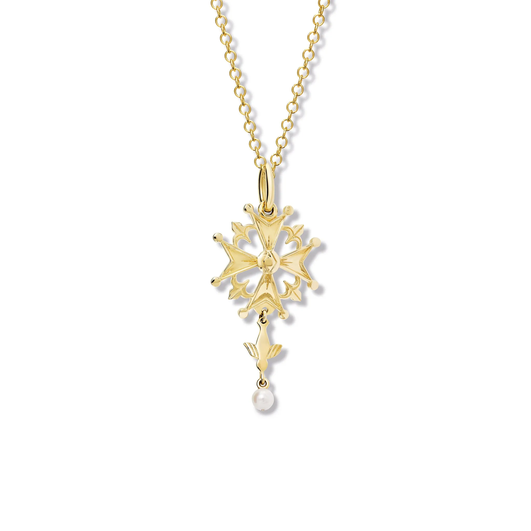 Huguenot Small Cross Pendant Yellow Gold - Pearl