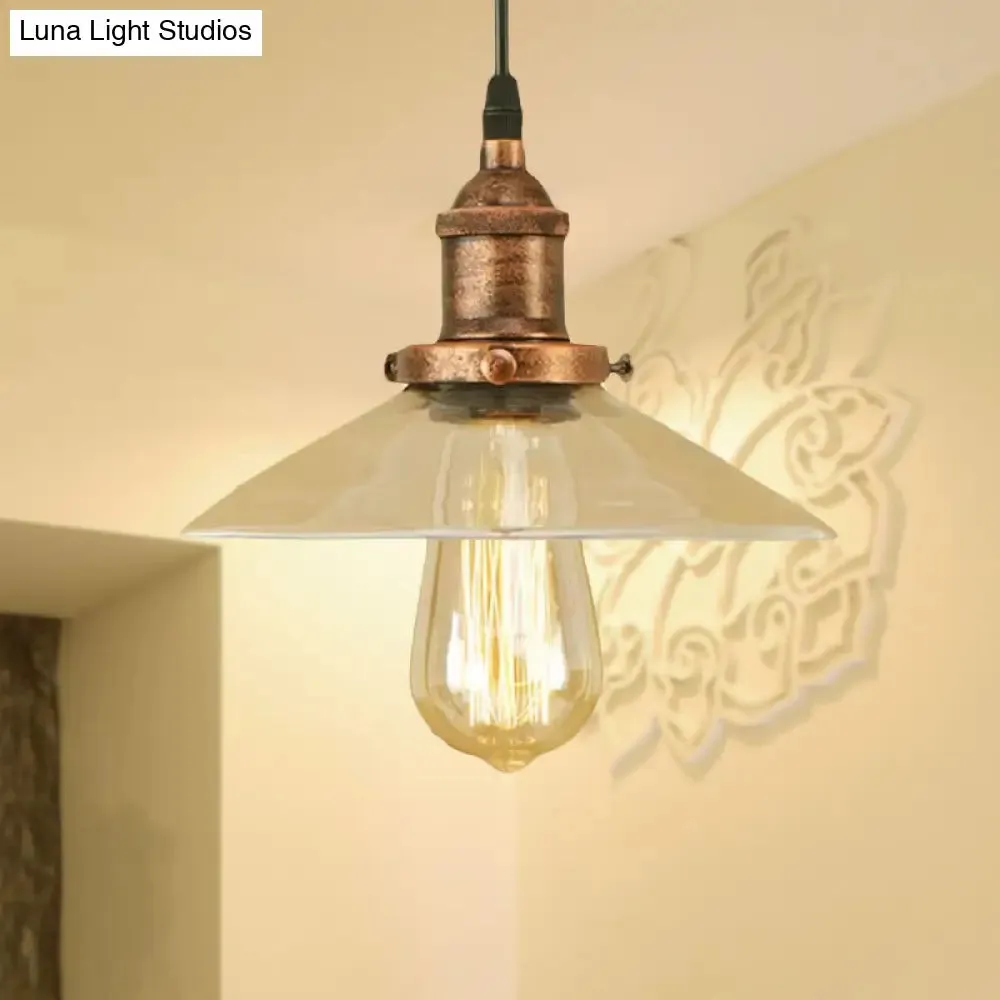 Industrial Clear Glass Pendant Lamp with Cone Shade - Black/Rust/Copper Finish - Living Room Hanging Light Fixture