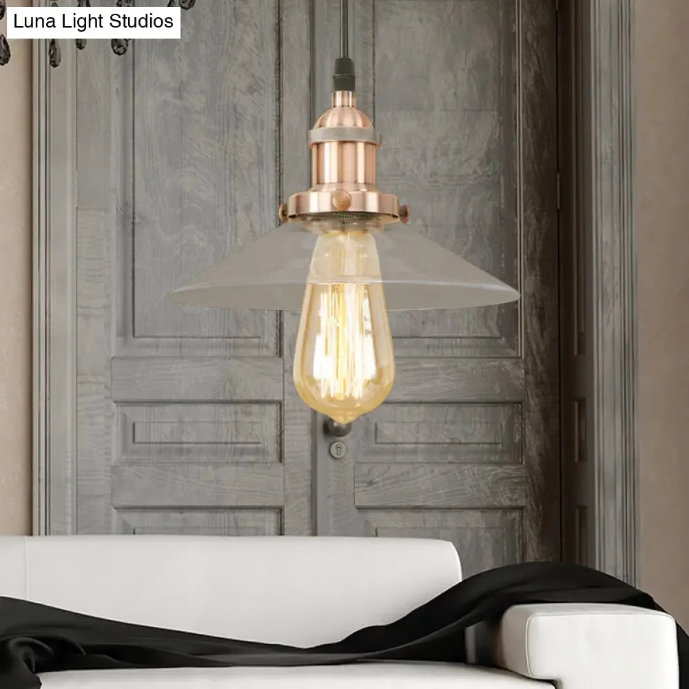 Industrial Clear Glass Pendant Lamp with Cone Shade - Black/Rust/Copper Finish - Living Room Hanging Light Fixture