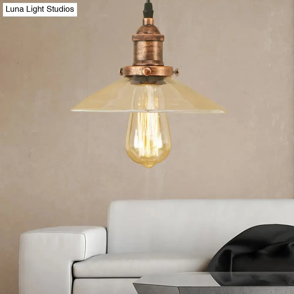 Industrial Clear Glass Pendant Lamp with Cone Shade - Black/Rust/Copper Finish - Living Room Hanging Light Fixture