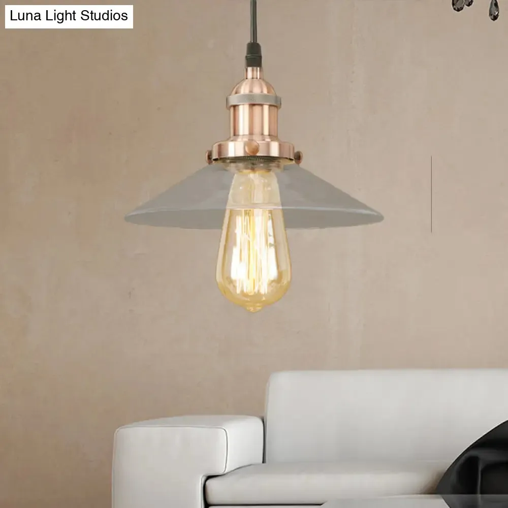 Industrial Clear Glass Pendant Lamp with Cone Shade - Black/Rust/Copper Finish - Living Room Hanging Light Fixture