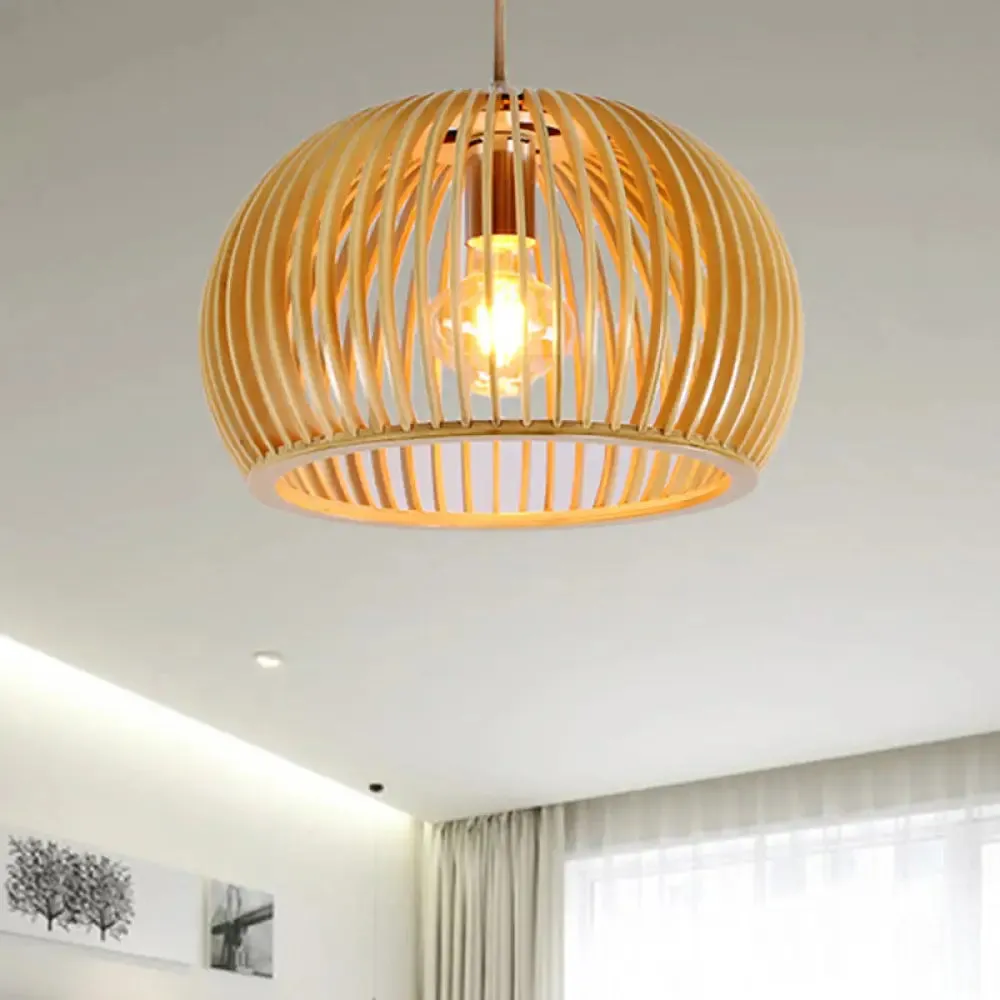 Japanese Wood Domed Pendant Lamp - Beige Ceiling Light for Living Room, 13"/18" Wide