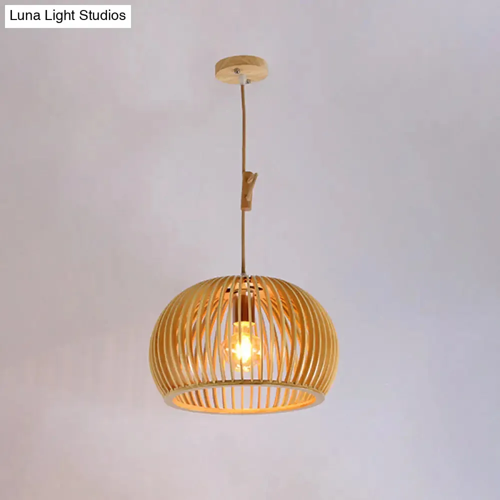 Japanese Wood Domed Pendant Lamp - Beige Ceiling Light for Living Room, 13"/18" Wide