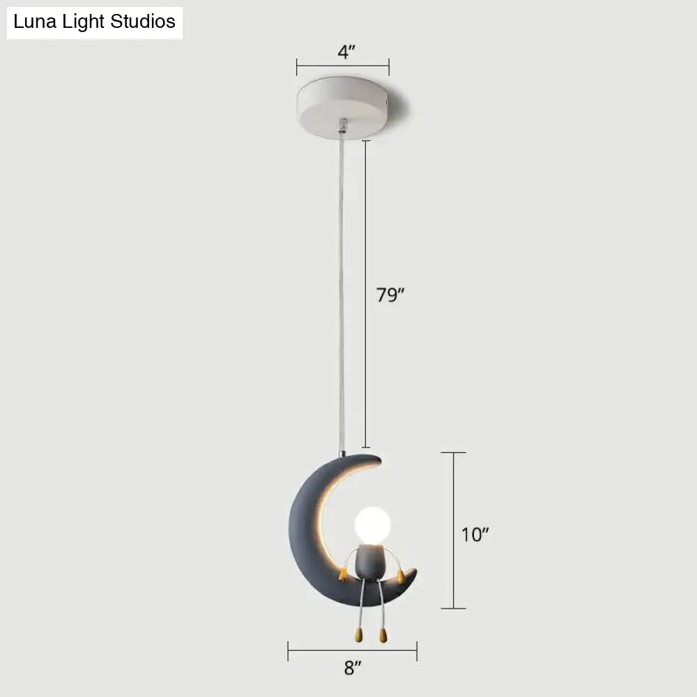 Kid's Bedroom Moon & Stick Figure Pendant Light - Creative Resin Design with 1 Head Drop