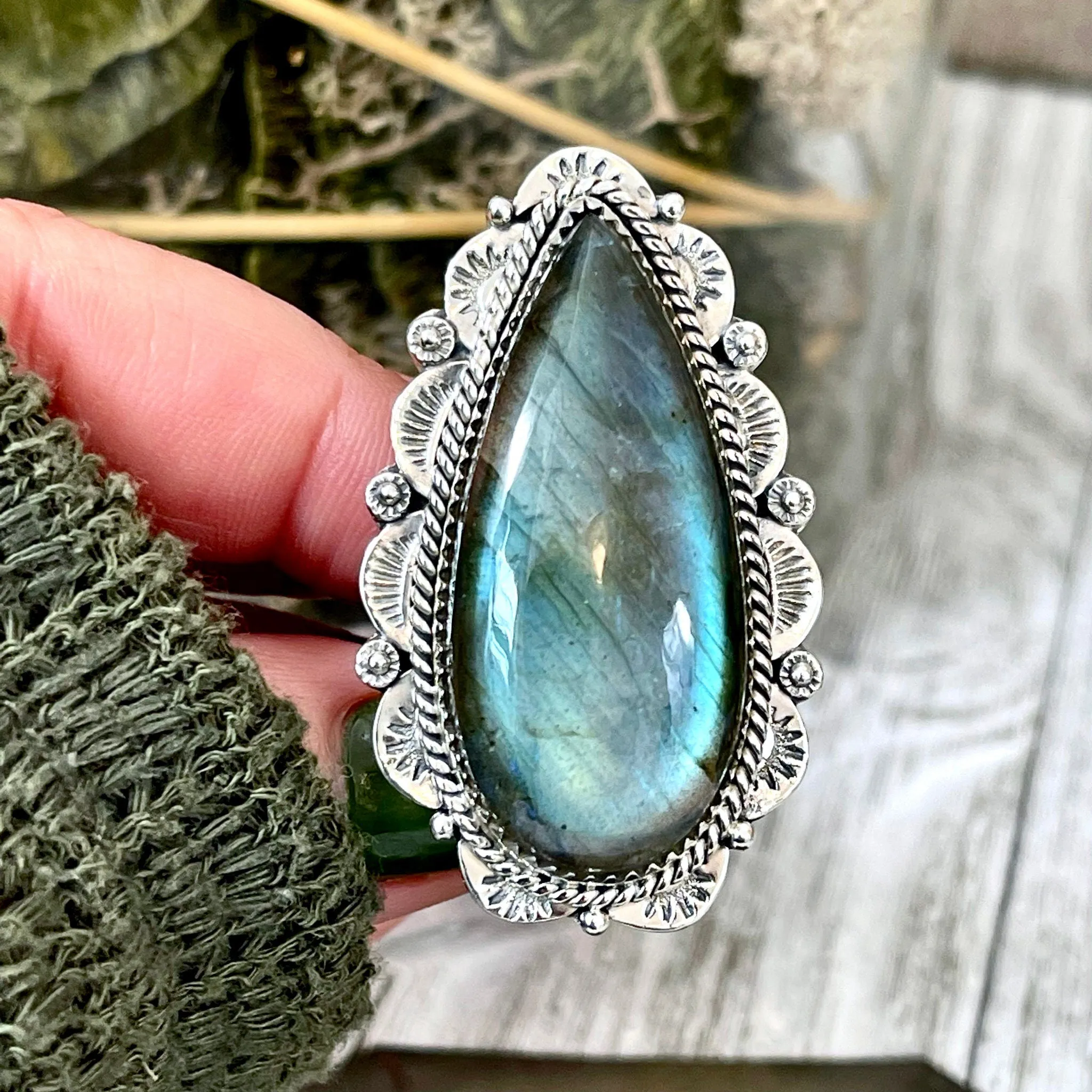 Labradorite Teardrop Crystal Statement Ring in Sterling Silver- Adjustable- Designed by FOXLARK Collection Adjusts to Size 6,7,8,9, or 10