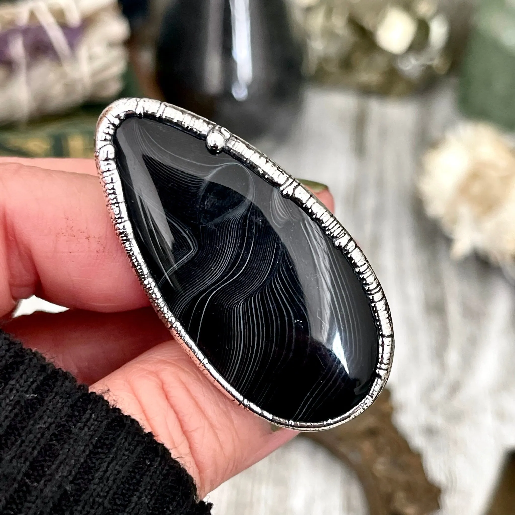 Large Natural Black Banded Agate Ring in Fine Silver/ Foxlark Collection Size 6 7 8 9 10