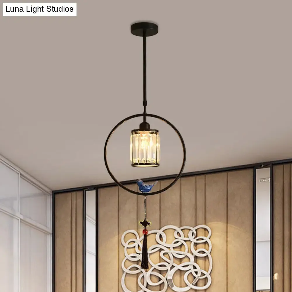 Modern Black and Gold Prismatic Crystal Pendant Light with Hanging Tassel