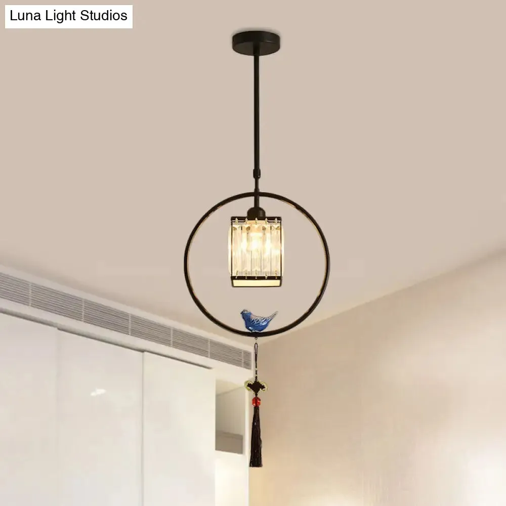 Modern Black and Gold Prismatic Crystal Pendant Light with Hanging Tassel