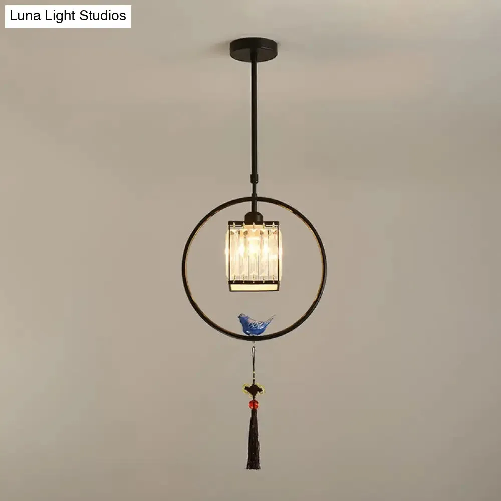 Modern Black and Gold Prismatic Crystal Pendant Light with Hanging Tassel