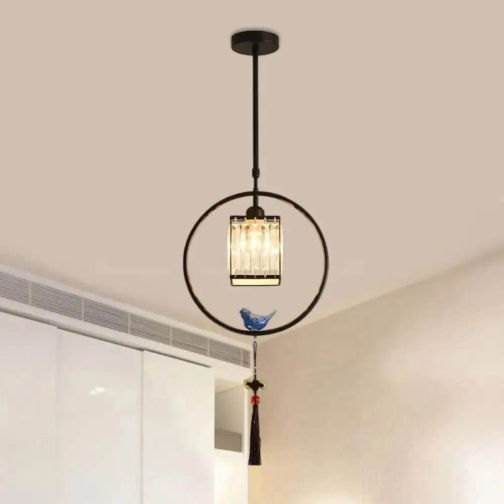 Modern Black and Gold Prismatic Crystal Pendant Light with Hanging Tassel