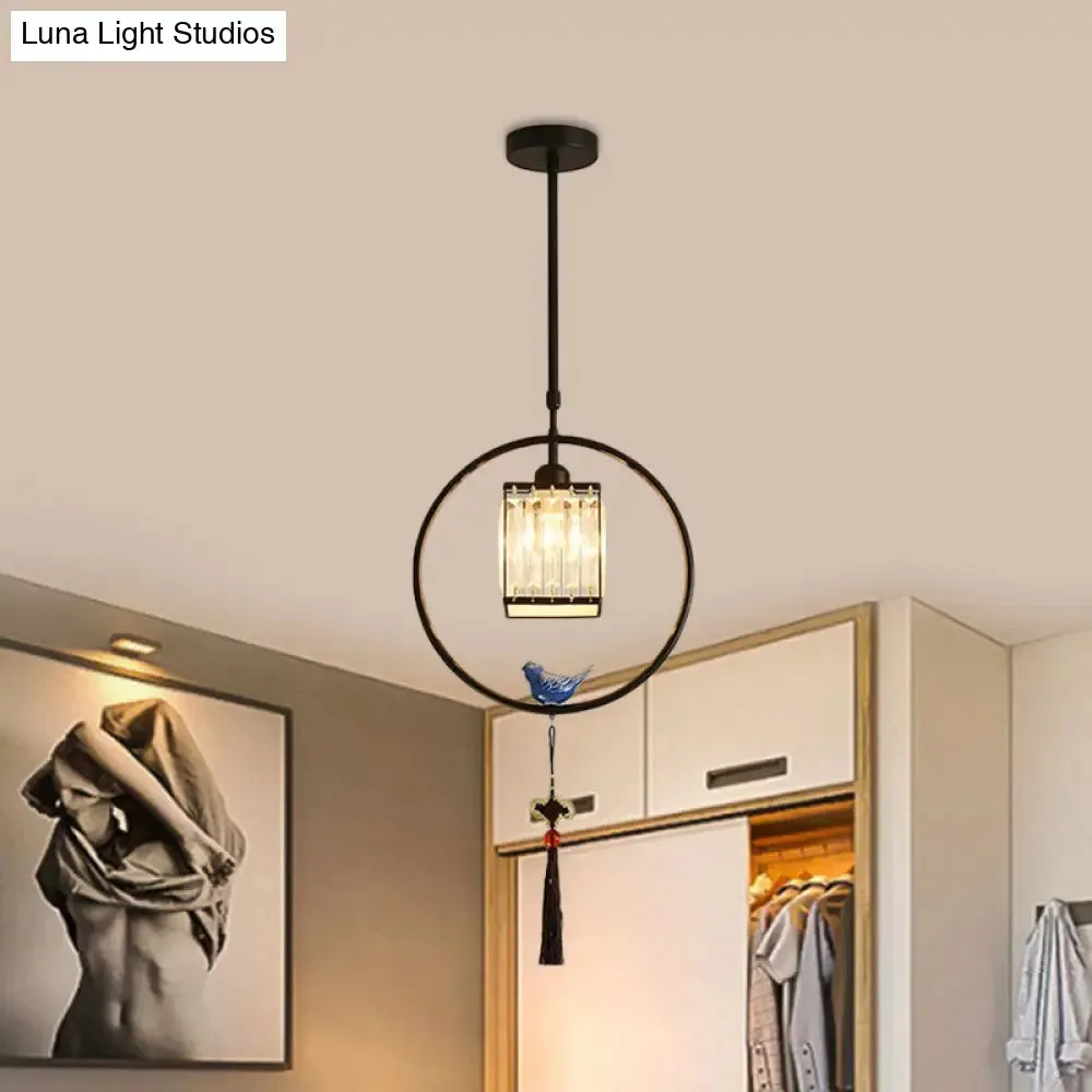 Modern Black and Gold Prismatic Crystal Pendant Light with Hanging Tassel