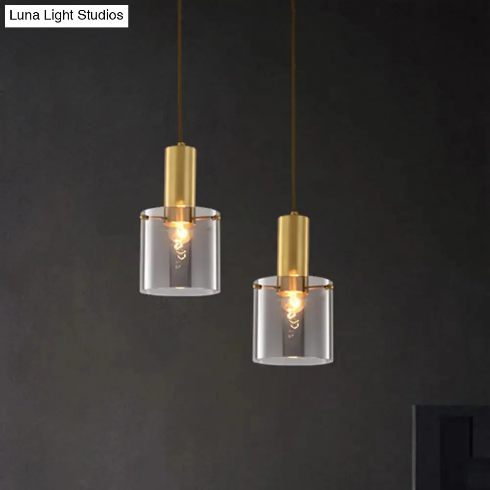 Modern Clear Glass Cylinder Pendant Light - 1 Head Brass Hanging Ceiling Light for Dining Room