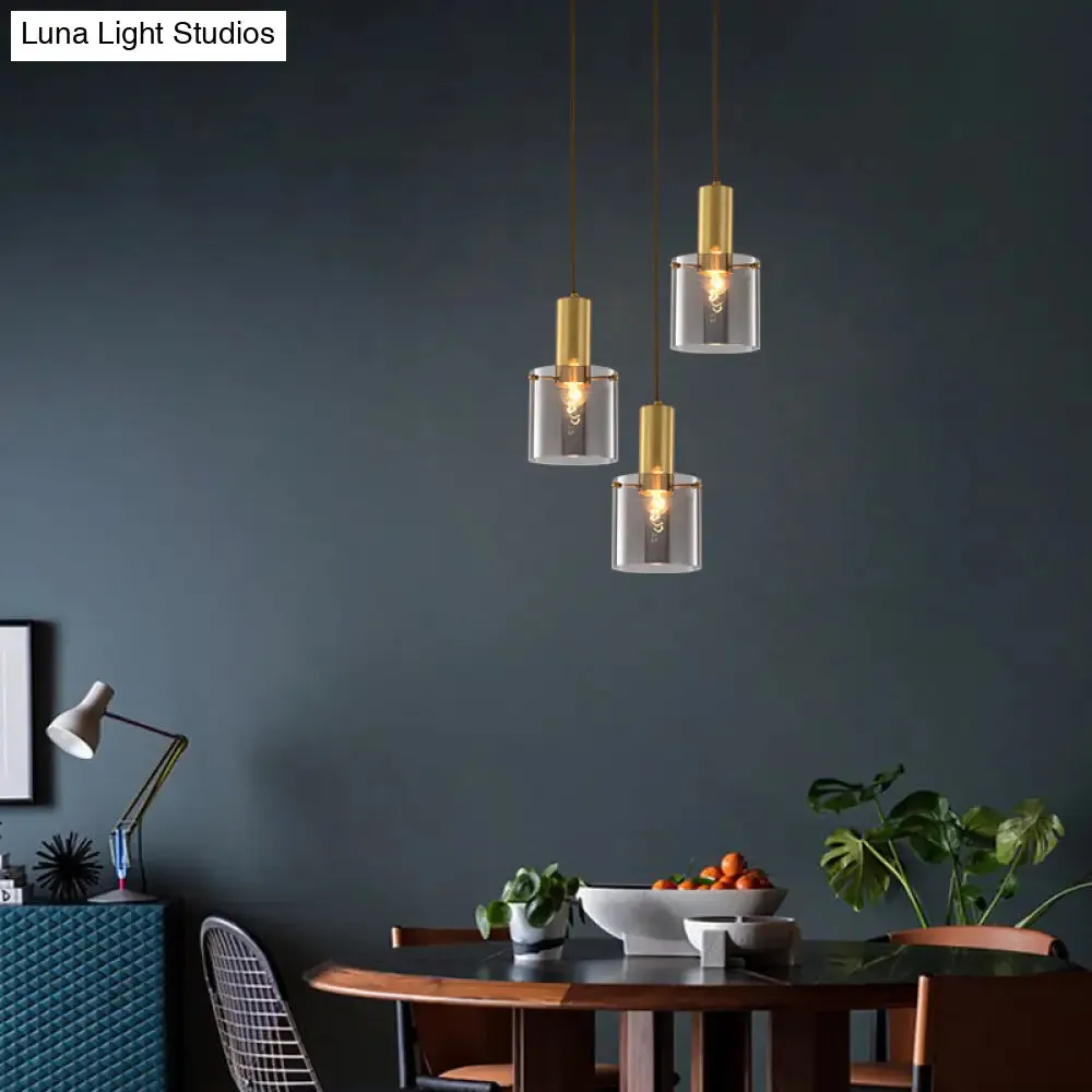 Modern Clear Glass Cylinder Pendant Light - 1 Head Brass Hanging Ceiling Light for Dining Room