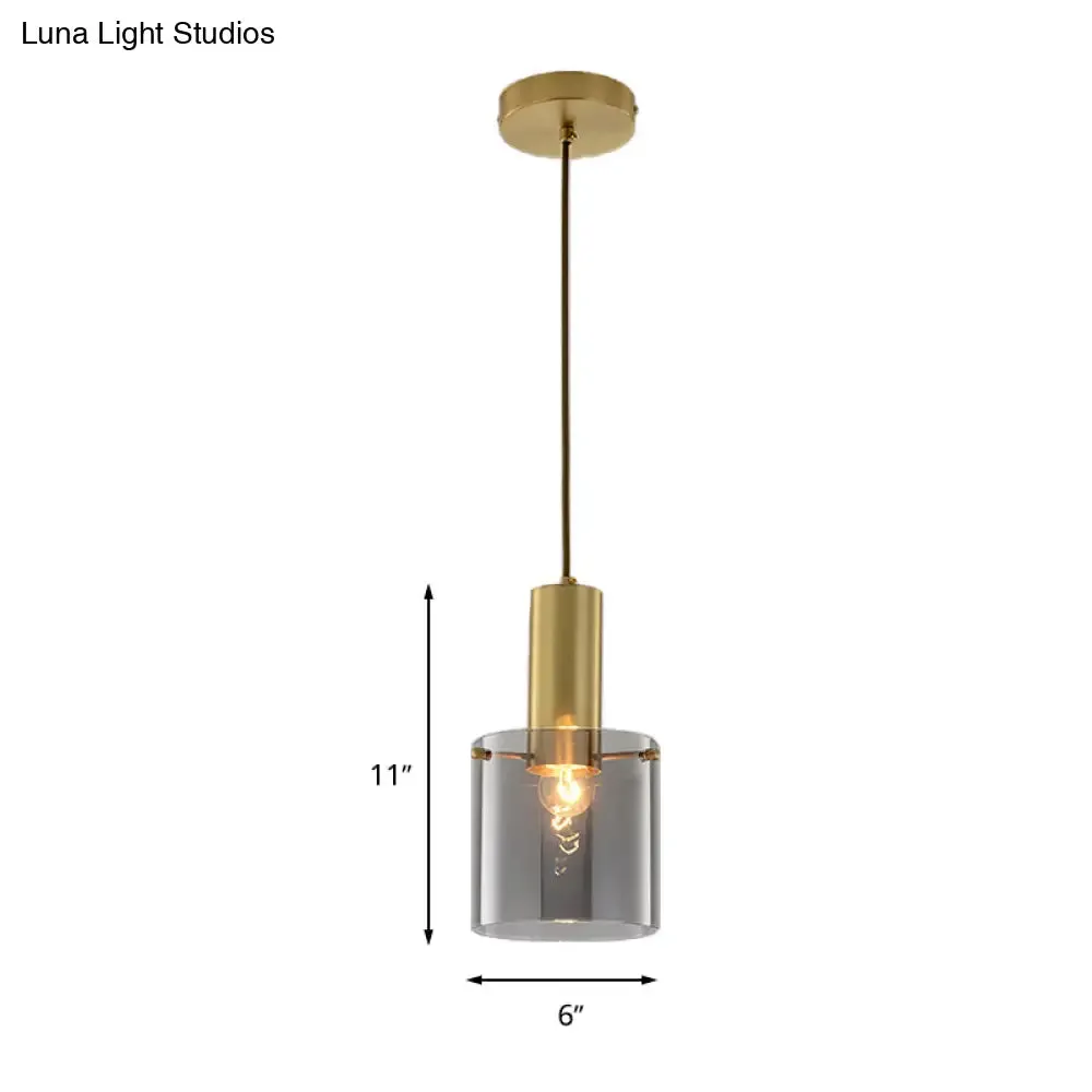 Modern Clear Glass Cylinder Pendant Light - 1 Head Brass Hanging Ceiling Light for Dining Room