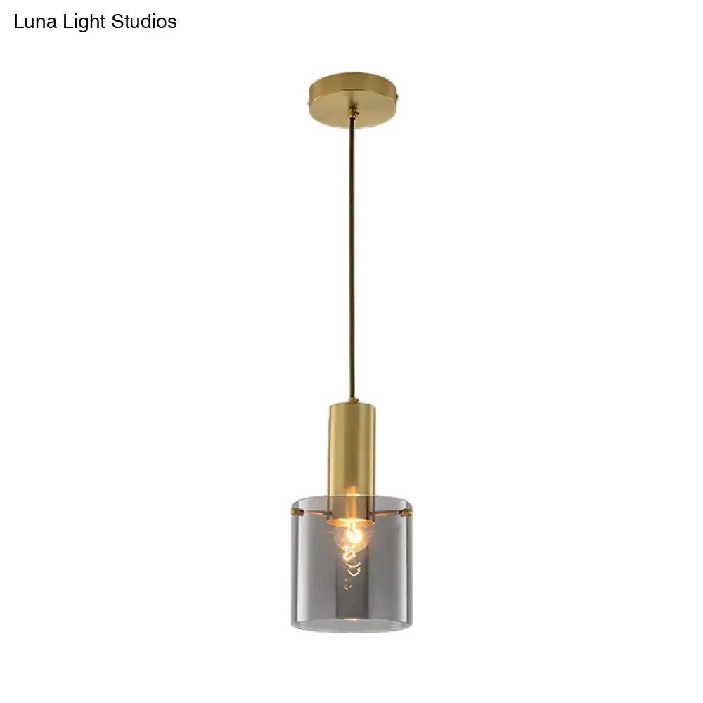 Modern Clear Glass Cylinder Pendant Light - 1 Head Brass Hanging Ceiling Light for Dining Room