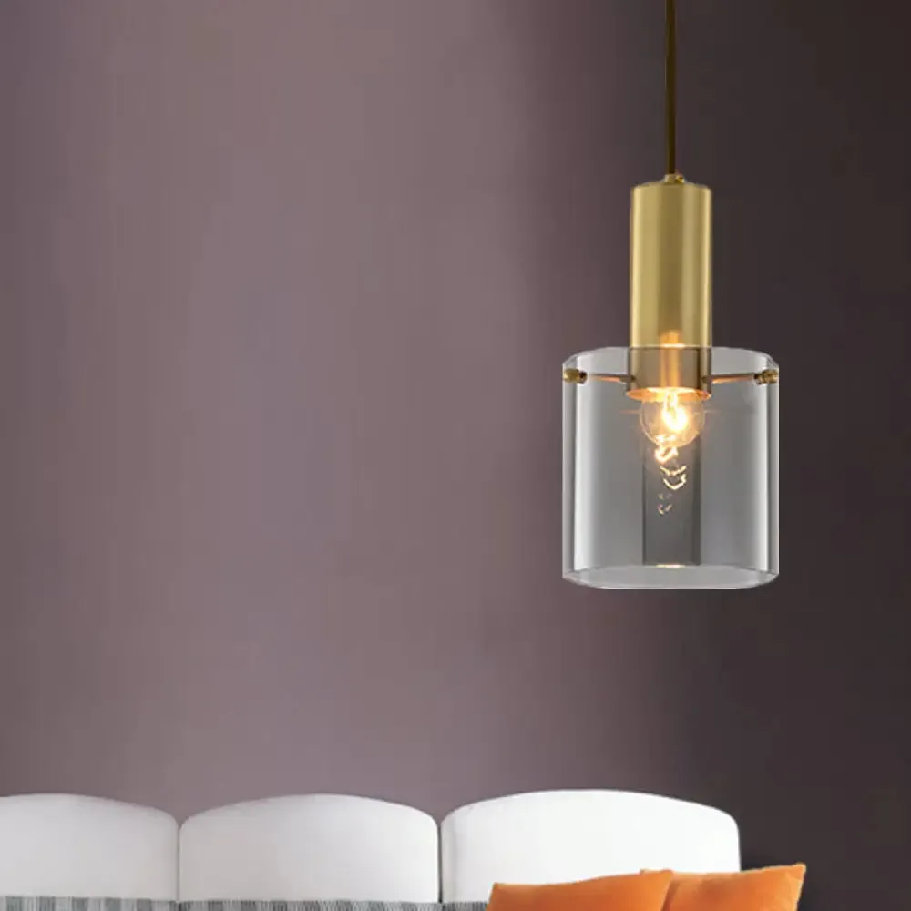 Modern Clear Glass Cylinder Pendant Light - 1 Head Brass Hanging Ceiling Light for Dining Room