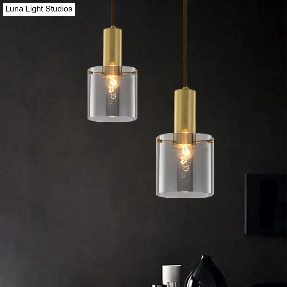 Modern Clear Glass Cylinder Pendant Light - 1 Head Brass Hanging Ceiling Light for Dining Room