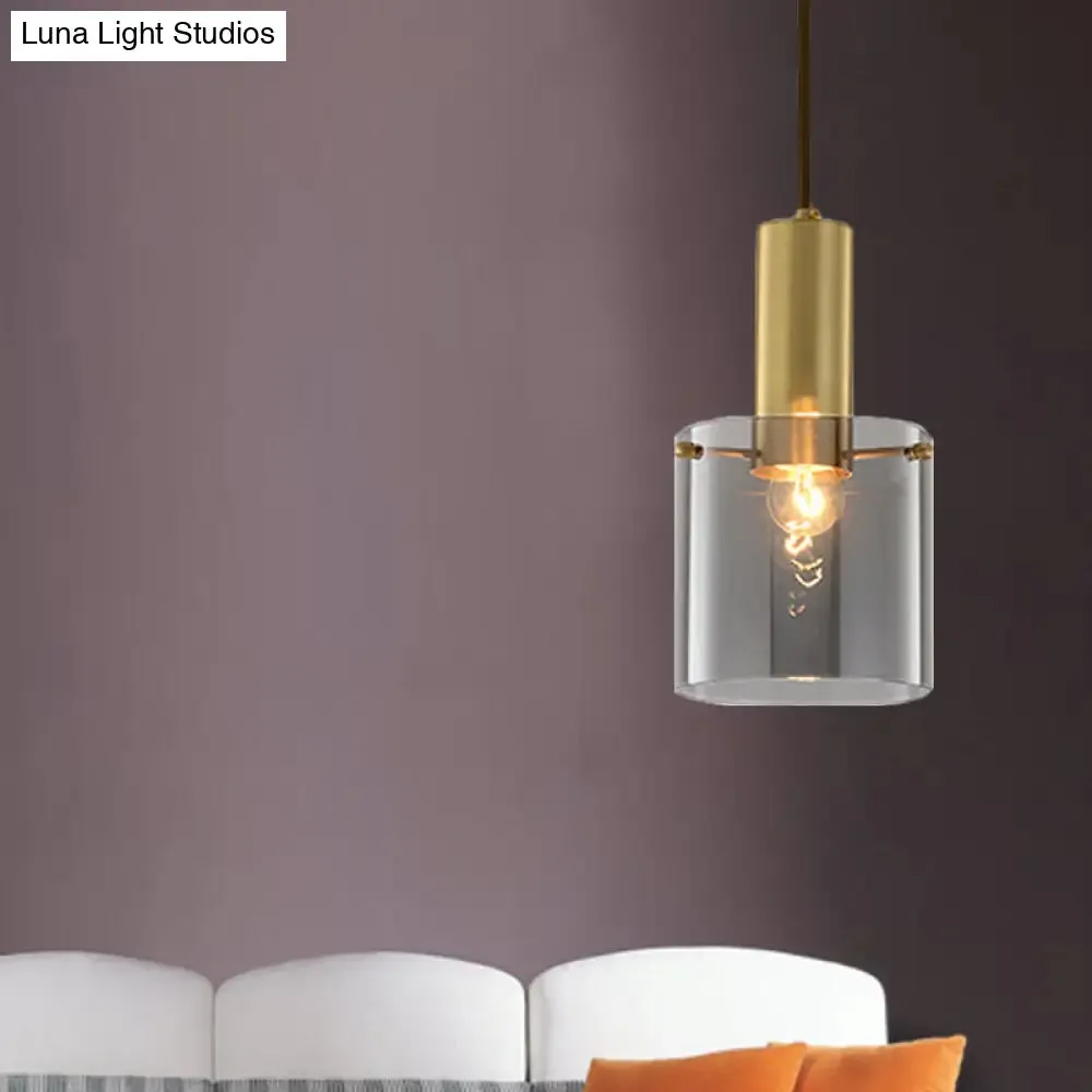 Modern Clear Glass Cylinder Pendant Light - 1 Head Brass Hanging Ceiling Light for Dining Room