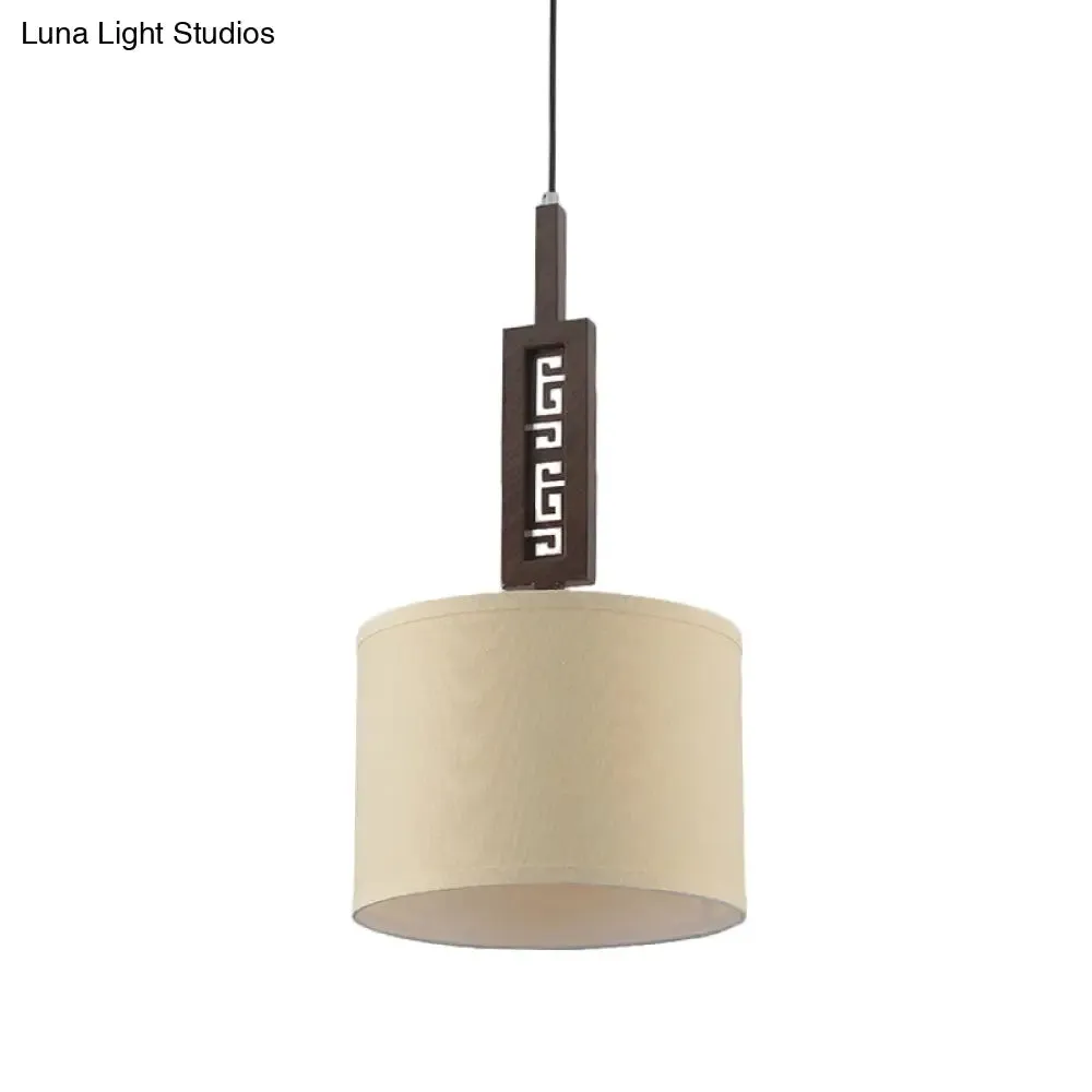 Modernist Wood Hanging Lamp Kit - Brown Carved 1-Bulb Down Lighting Design with Drum Fabric Shade