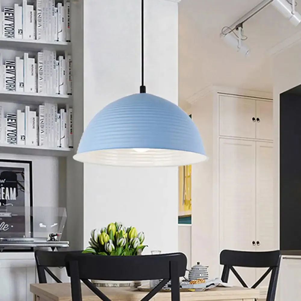 Nordic Style Suspension Lamp- Ridged Domed Pendant Light in Aluminum- 12"/16" W- 1 Light- Blue/Green/Yellow- Cafe Store Collection