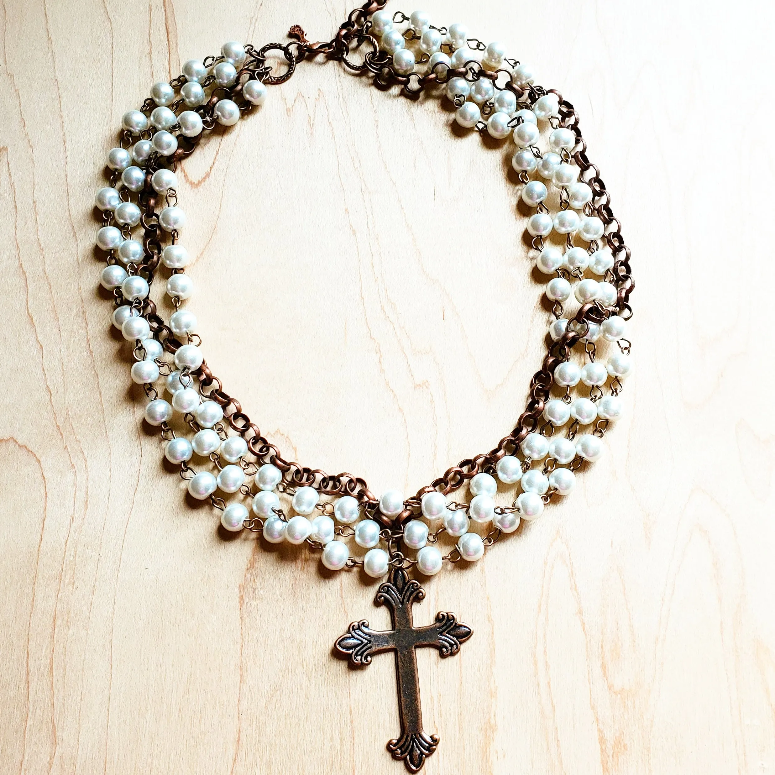 Pearl and Copper Collar-Length Necklace with Copper Cross 114G