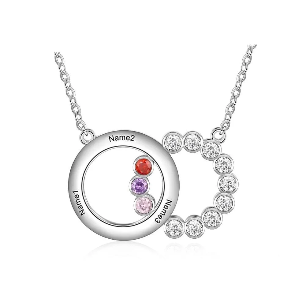 Personalized Women’s 925 Sterling Silver Family Necklace with 3 Names Circle & Custom Birthstones Pendant, Classic Jewelry for Mother