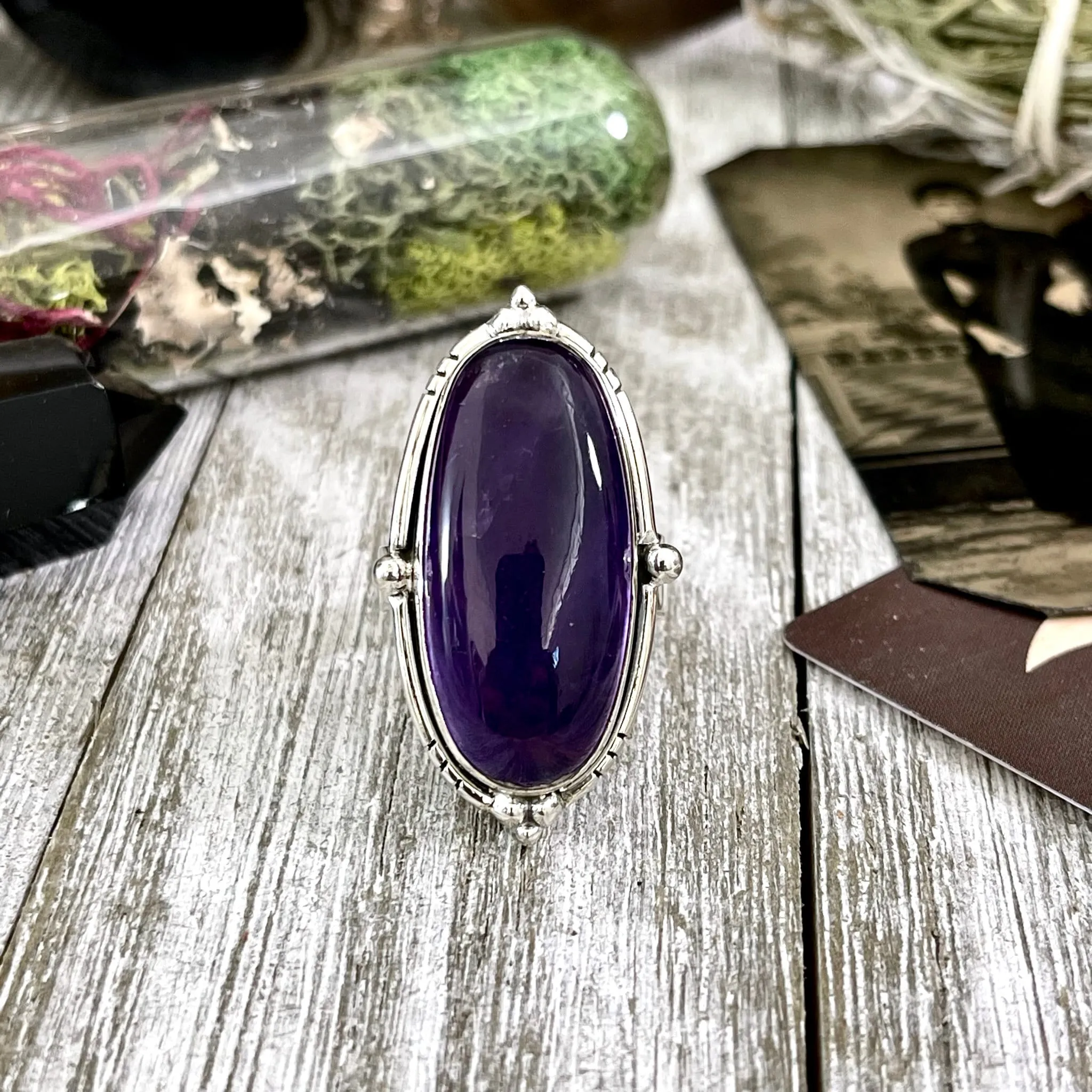 Purple Amethyst Oval Crystal Statement Ring in Sterling Silver - Designed by FOXLARK Collection Adjustable to Size 6 7 8 9