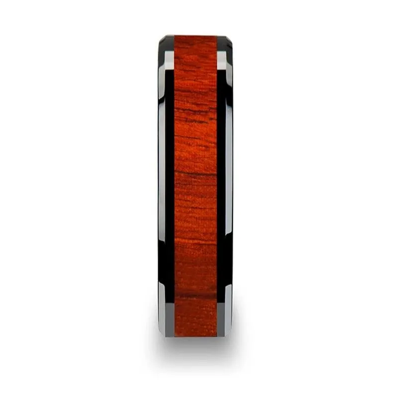 Real Padauk Wood Inlaid Black Ceramic Wedding Band With Polished Bevels 6mm-10mm