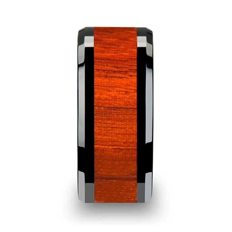 Real Padauk Wood Inlaid Black Ceramic Wedding Band With Polished Bevels 6mm-10mm