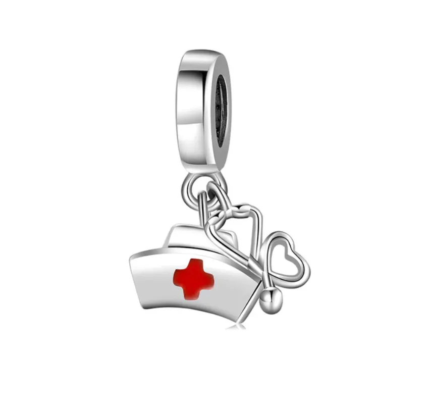 Red Enamel Nurse Hat Stethoscope Dangle Charm 925 Sterling Silver