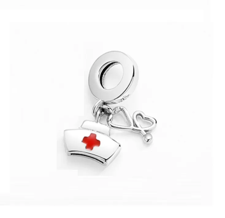 Red Enamel Nurse Hat Stethoscope Dangle Charm 925 Sterling Silver