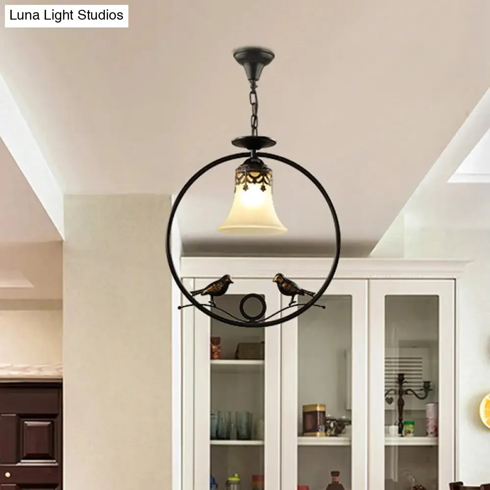 Round Pendant Lighting Fixture - Classical Black Metal with Bell Shade and Bird Accent