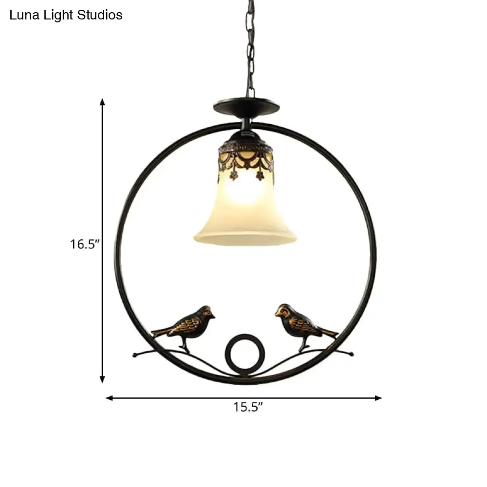 Round Pendant Lighting Fixture - Classical Black Metal with Bell Shade and Bird Accent