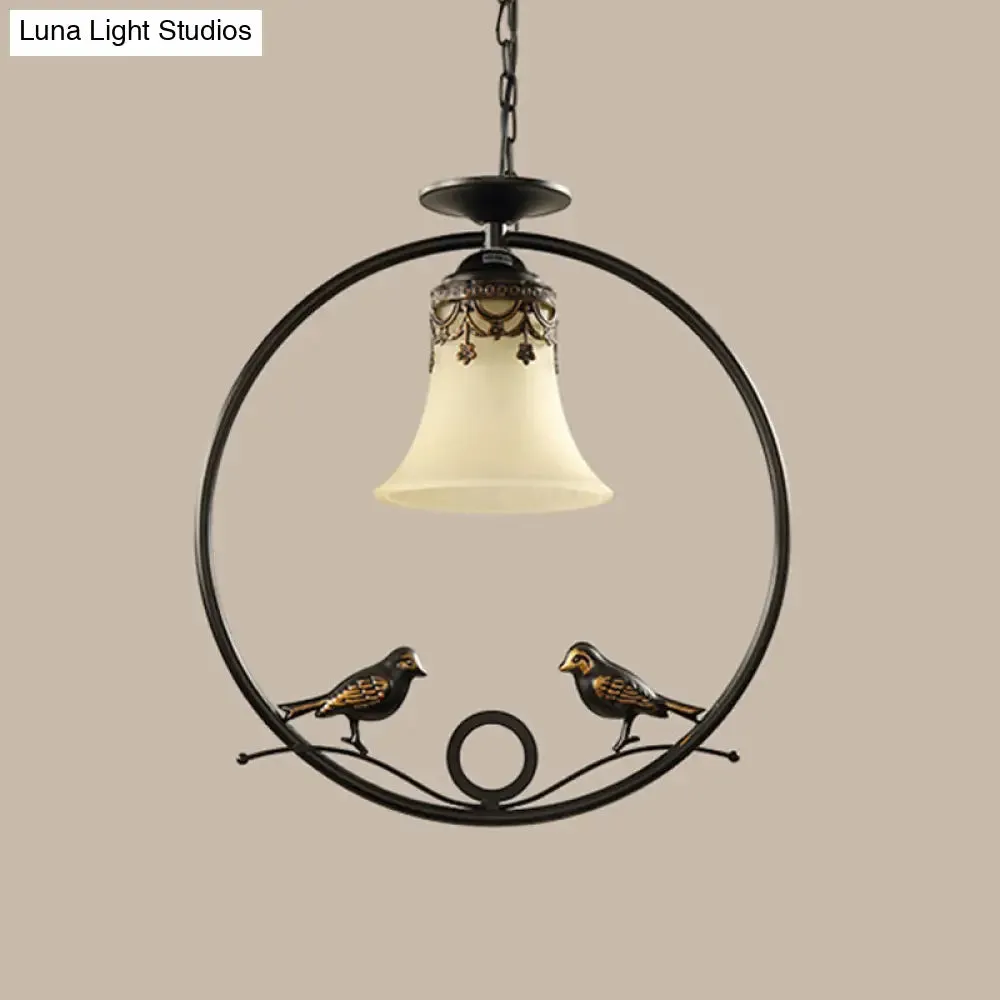 Round Pendant Lighting Fixture - Classical Black Metal with Bell Shade and Bird Accent