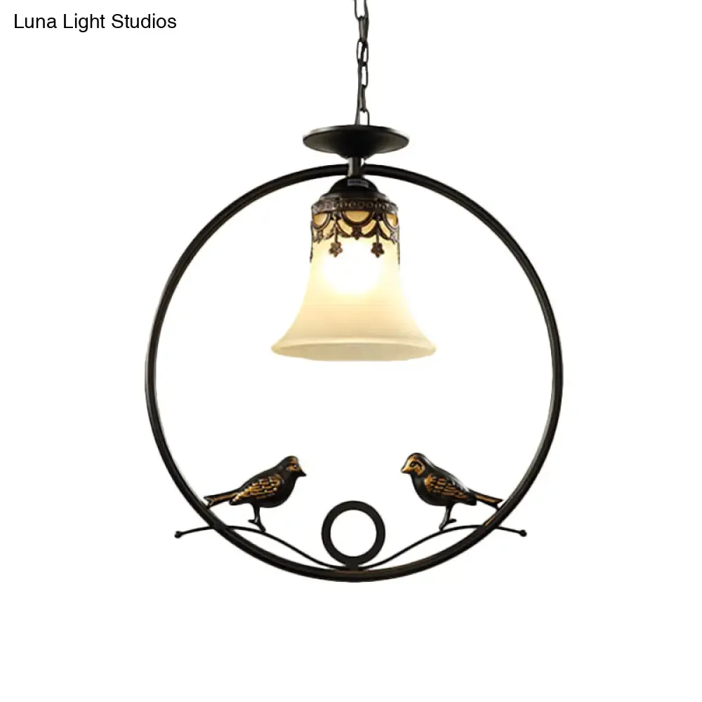 Round Pendant Lighting Fixture - Classical Black Metal with Bell Shade and Bird Accent