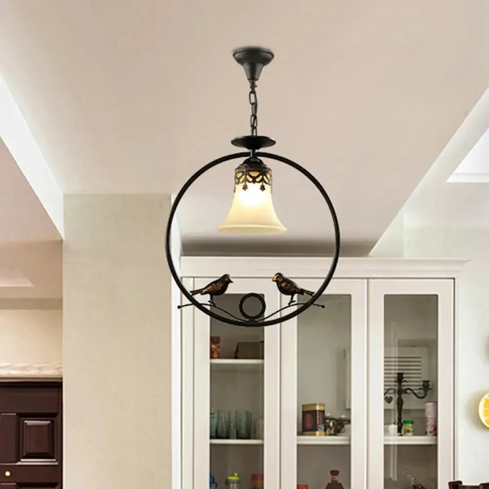 Round Pendant Lighting Fixture - Classical Black Metal with Bell Shade and Bird Accent